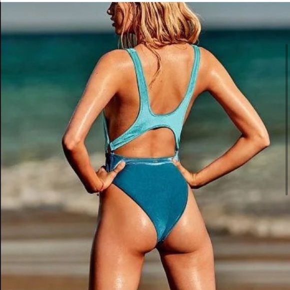 Pink Victoria’s Secret Two toned blue Velvet cutout one piece swim suit size S - Picture 2 of 13